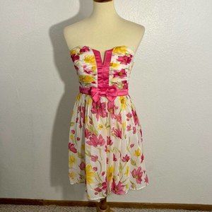 NEW Minuet Strapless Floral Dress Women's Size M Pink Yellow Front Bow